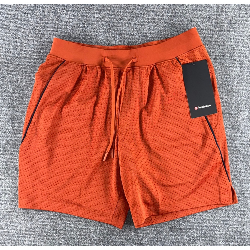 Lululemon Mens Mesh Training Shorts Orange Drawstring Pockets Small